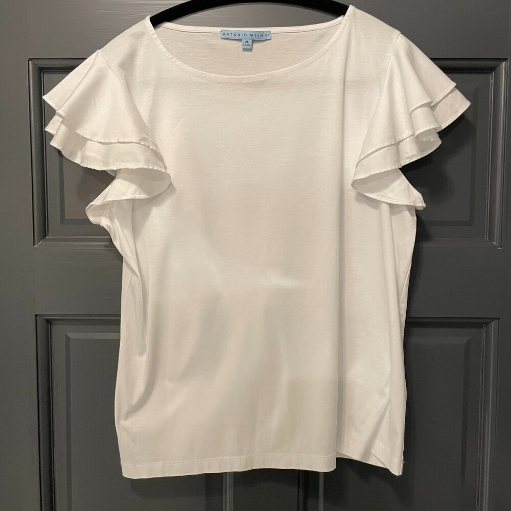 Antonio Melani Top Blouse Summer White Ruffles Stretch Women’s Sz Medium